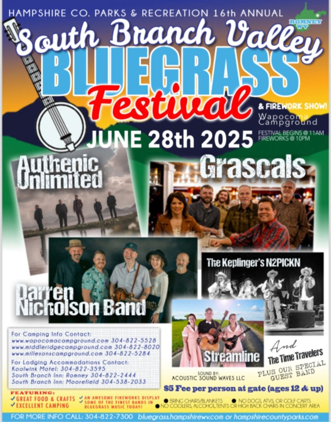 South Branch Valley Bluegrass Festival 2025 event poster featuring headlining acts Authentic Unlimited, The Grascals, and Darren Nicholson Band, with local performers at Wapocoma Campground in Romney, WV.